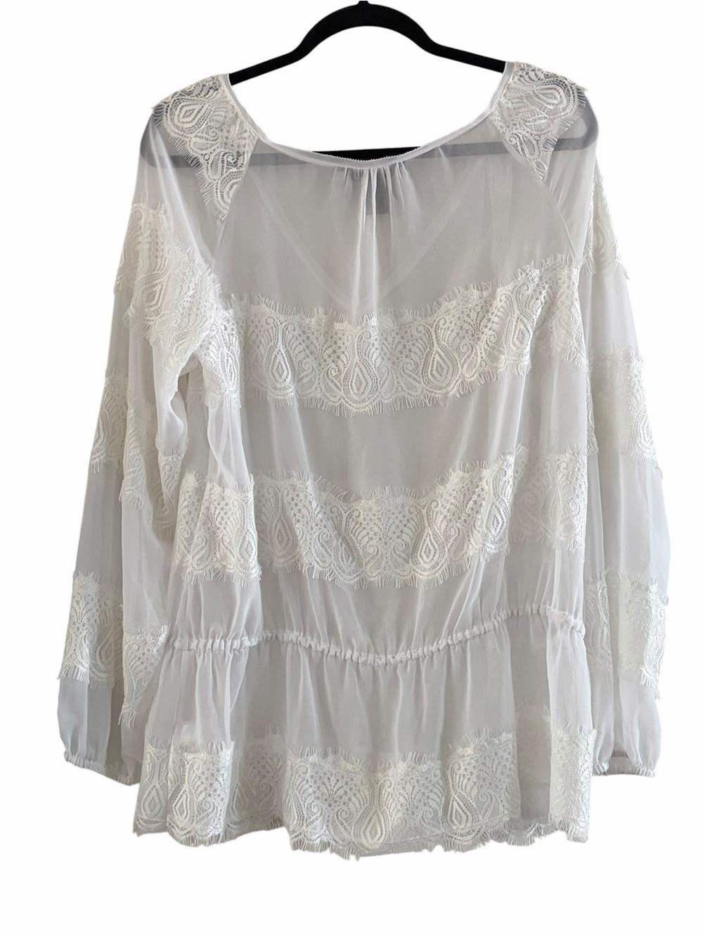 Like New! White House Black Market White Lace Drawstring Peasant Top Size Large - Picture 2 of 5